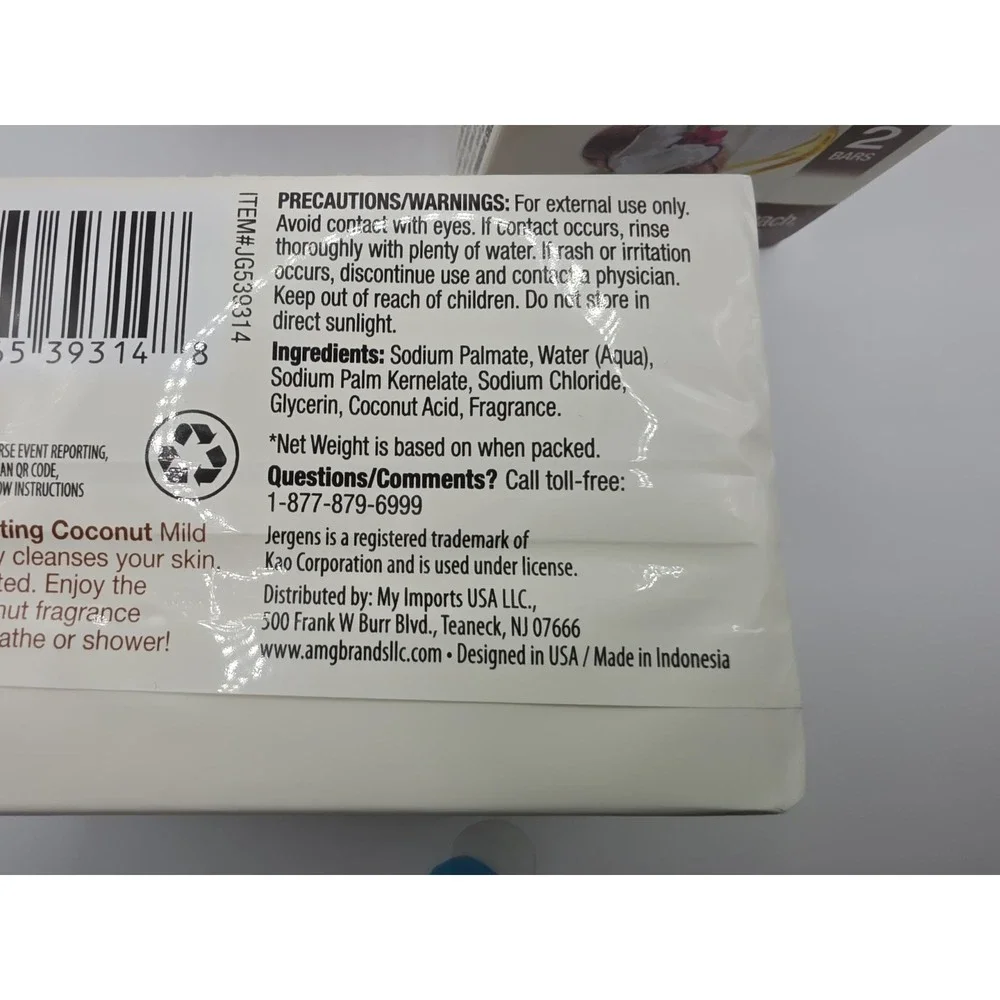 (4) Jergens Mild Coconut Bar Soap. 8 Bars Total, 3 Ounces Each